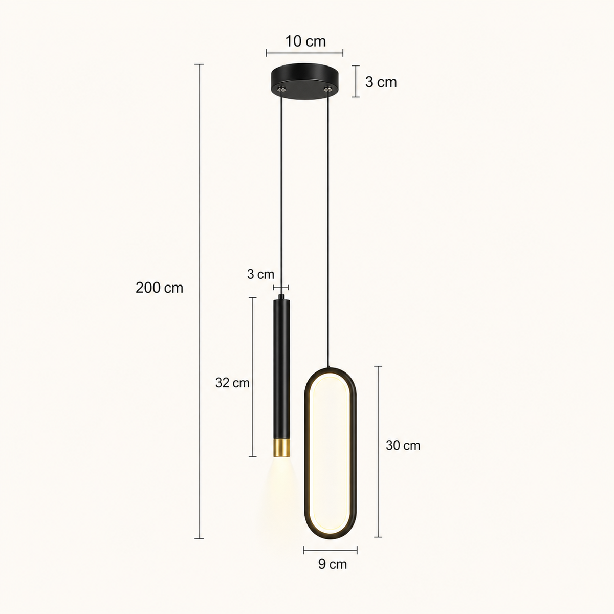 Schéma des dimensions du lustre noir : ovale de 30 cm, tube de 32 cm, câbles de 200 cm