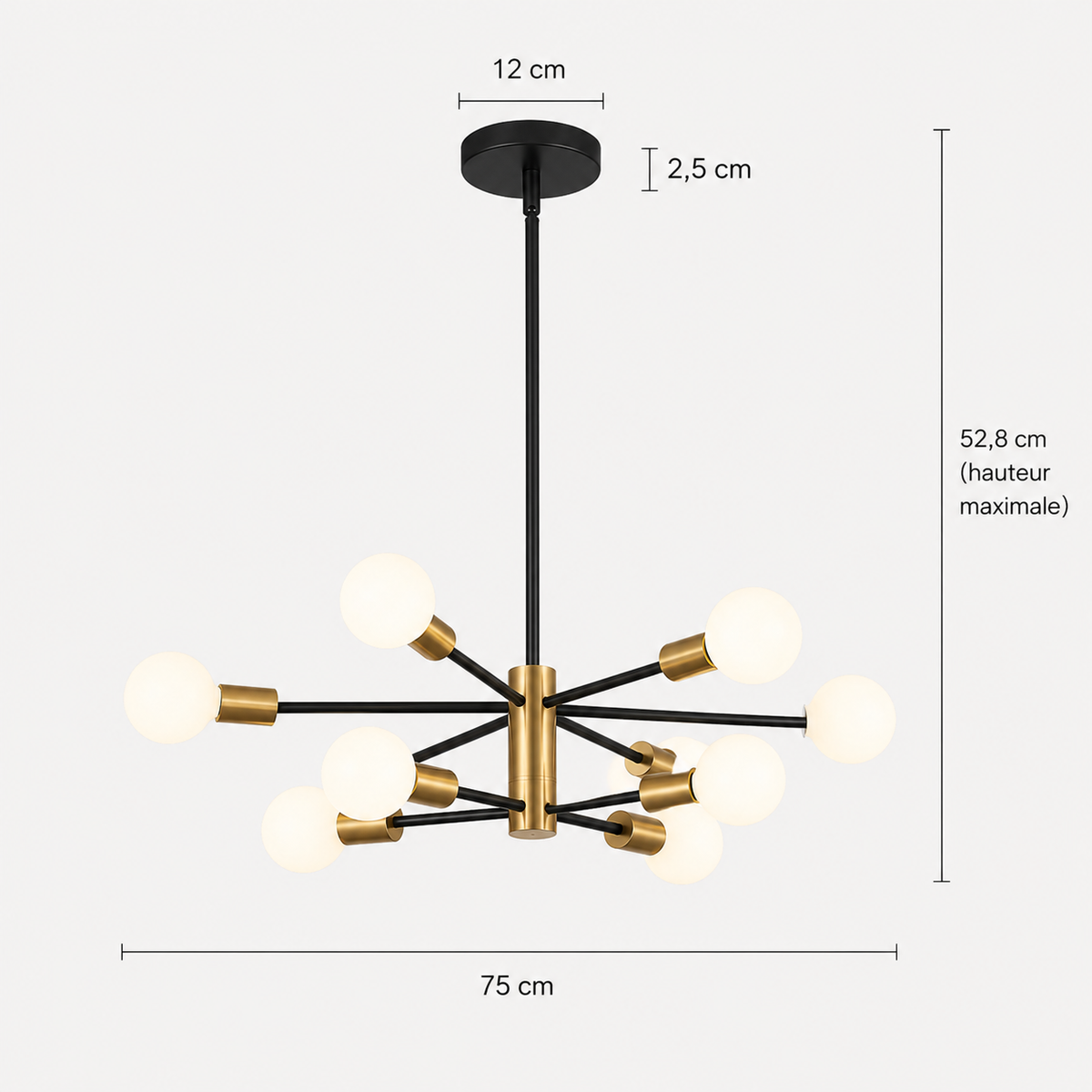 Schéma des dimensions du lustre salon sputnik 10 branches : envergure de 75 cm, hauteur maximale de 52,8 cm, platine de 12 cm