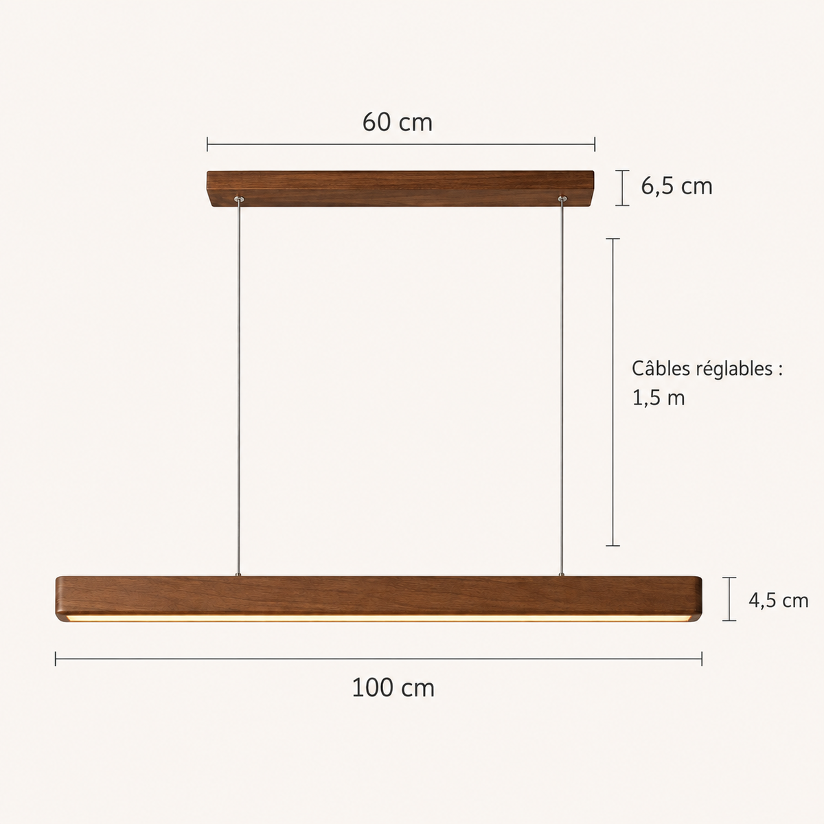 Schéma des dimensions de la suspension en bois : barre de 100 cm, platine de 60 cm, câbles réglables jusqu'à 1,5 m