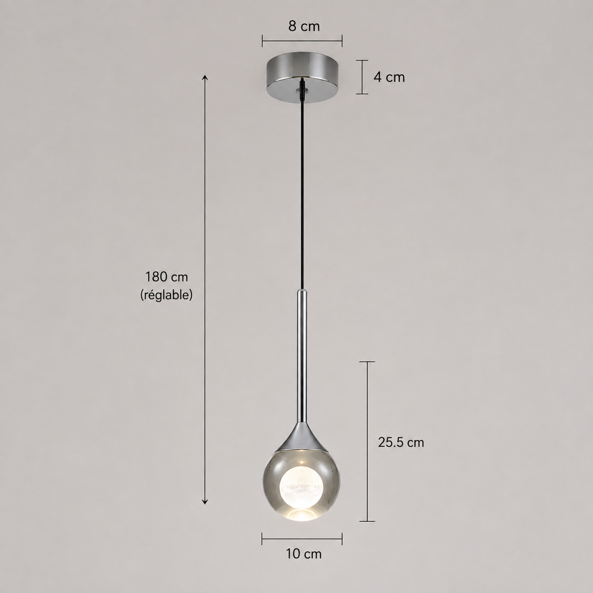 Schéma des dimensions de la suspension en verre : sphère de 10 cm, hauteur de 25,5 cm, câble réglable jusqu'à 180 cm