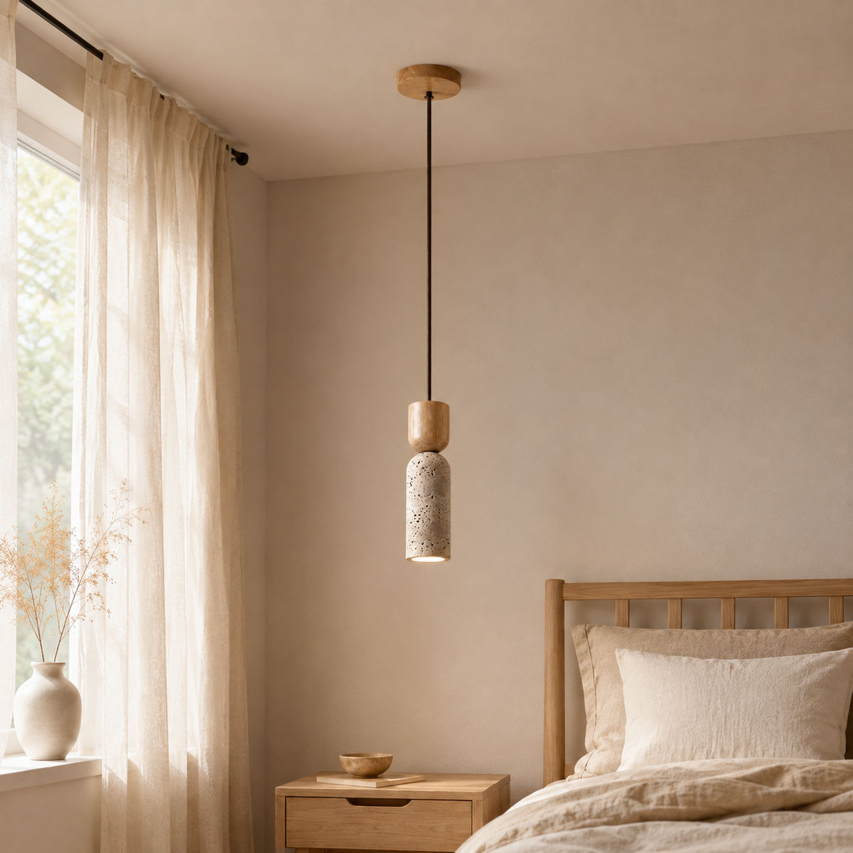 Suspension de chambre en travertin et bois crème allumée au-dessus d'une table de chevet