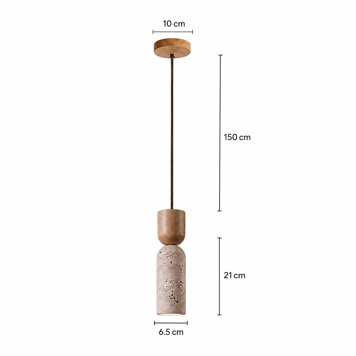 Schéma des dimensions de la suspension travertin et bois : tube de 6,5 cm de diamètre