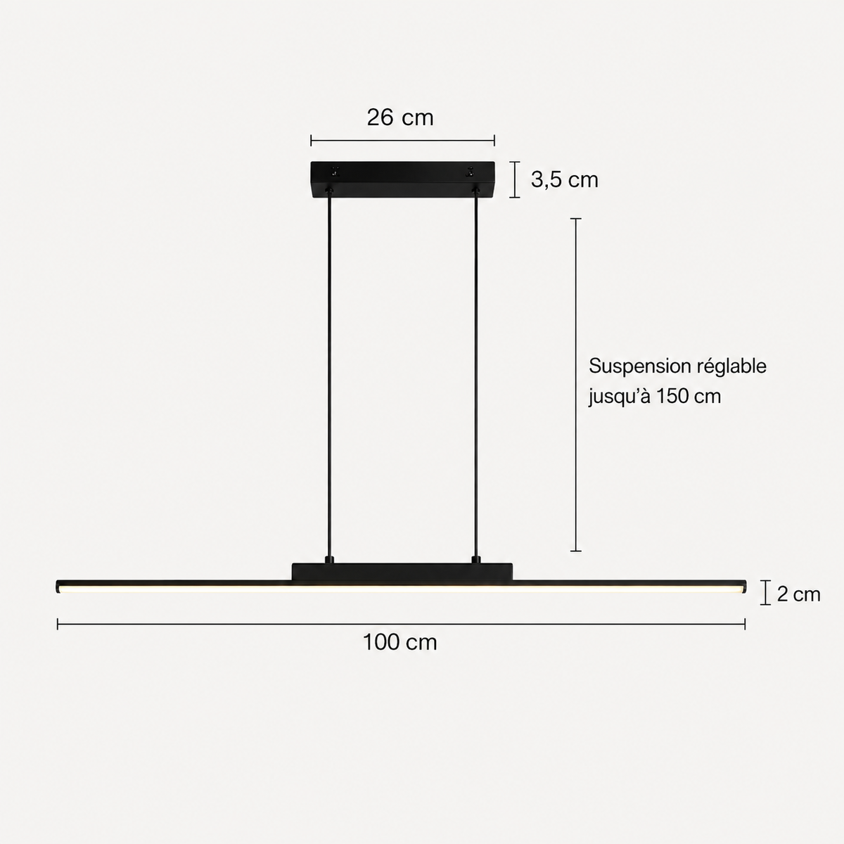 Schéma des dimensions de la suspension cuisine : barre de 100 cm et 2 cm d'épaisseur, platine de 26 cm, suspension réglable jusqu'à 150 cm