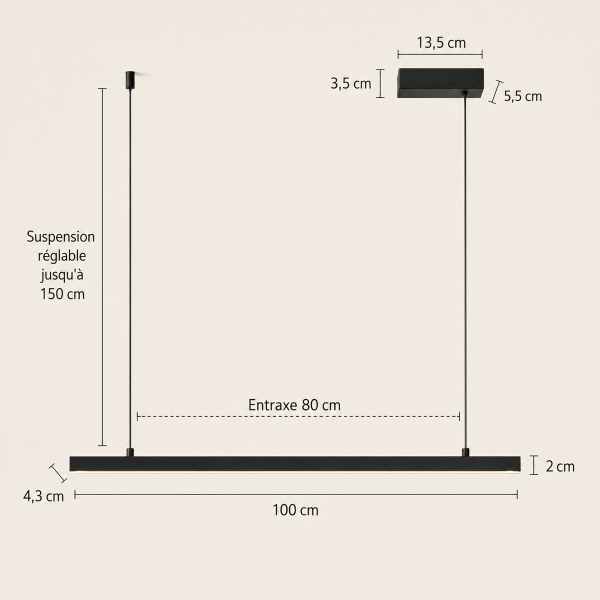 Schéma des dimensions de la suspension salle à manger, taille 100 cm : profilé de 4,3 cm de large et 2 cm de haut, entraxe de 80 cm, suspension réglable jusqu'à 150 cm