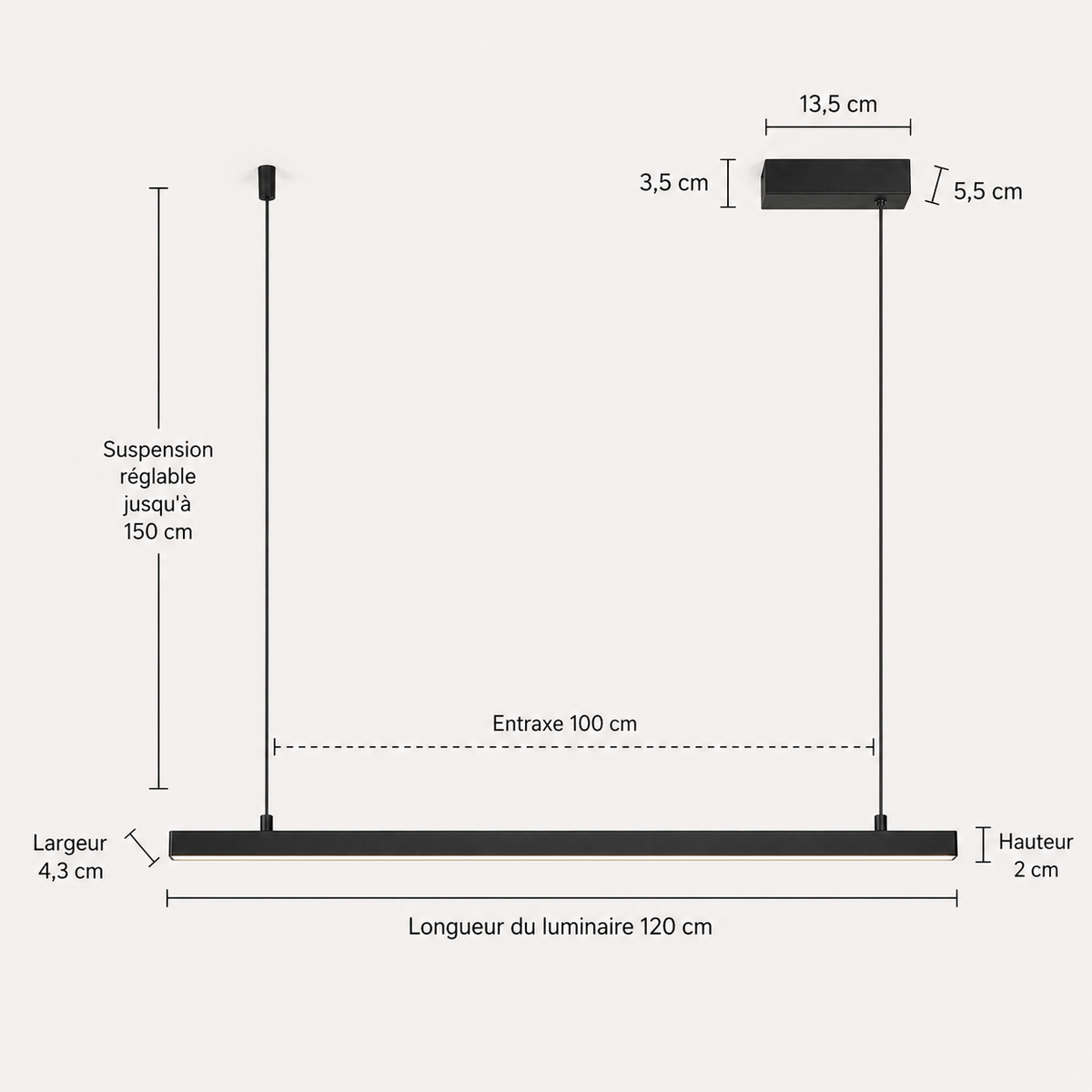 Schéma des dimensions de la suspension salle à manger, taille 120 cm : profilé de 4,3 cm de large et 2 cm de haut, entraxe de 100 cm, suspension réglable jusqu'à 150 cm