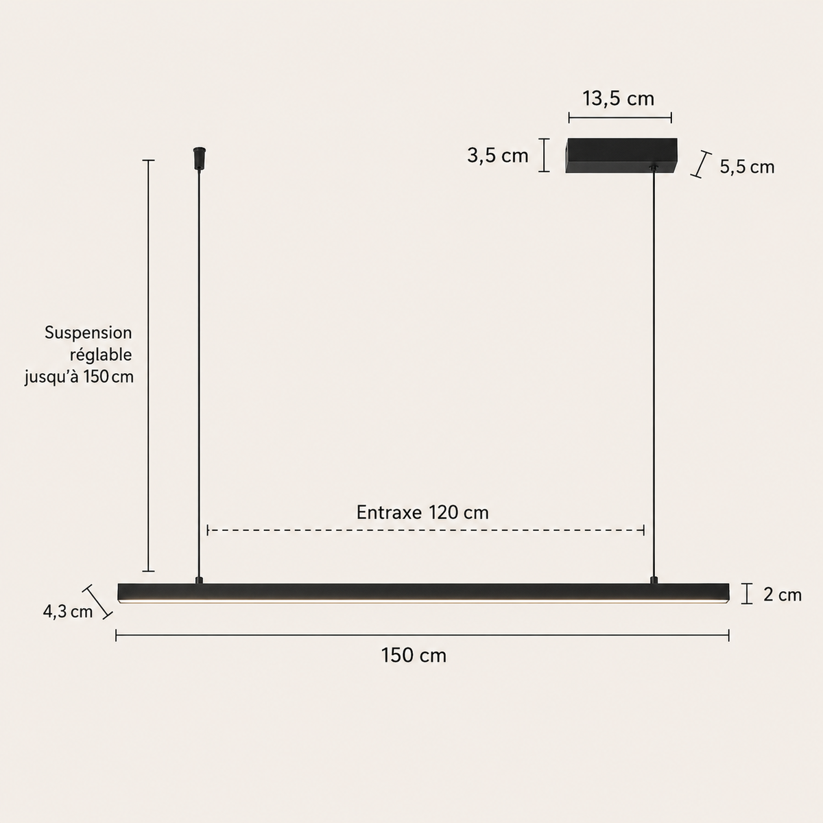 Schéma des dimensions de la suspension salle à manger, taille 150 cm : profilé de 4,3 cm de large et 2 cm de haut, entraxe de 120 cm, suspension réglable jusqu'à 150 cm
