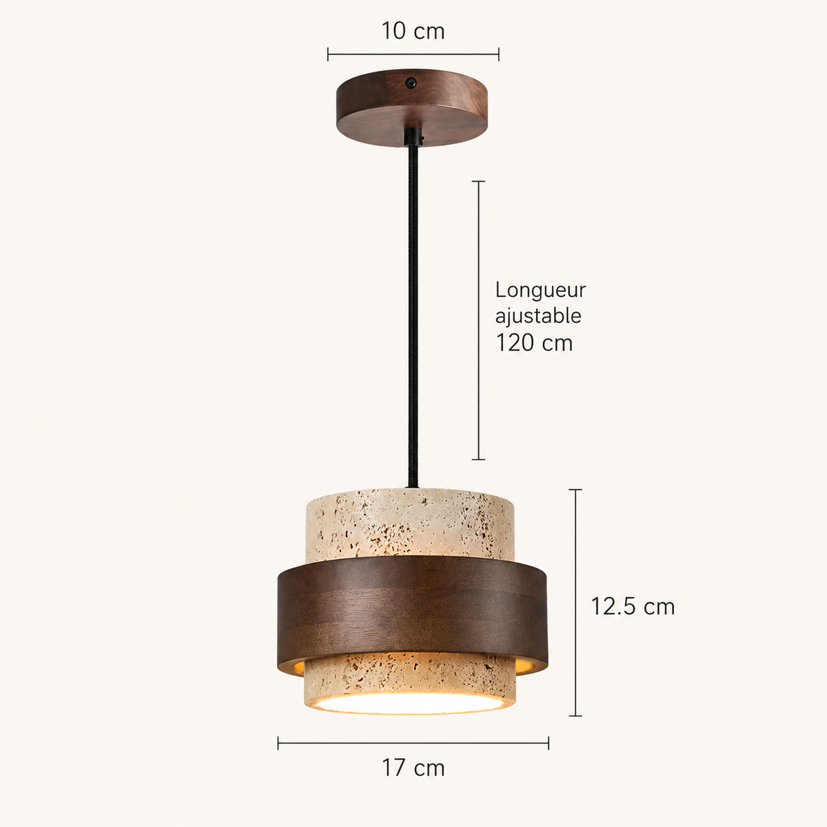 Schéma des dimensions de la suspension pierre : 17 cm de diamètre, 12,5 cm de hauteur, câble réglable jusqu'à 120 cm